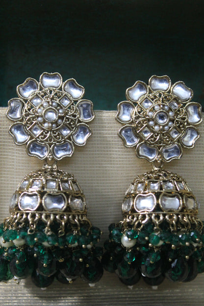 Dark Green Kundan Jhumkas