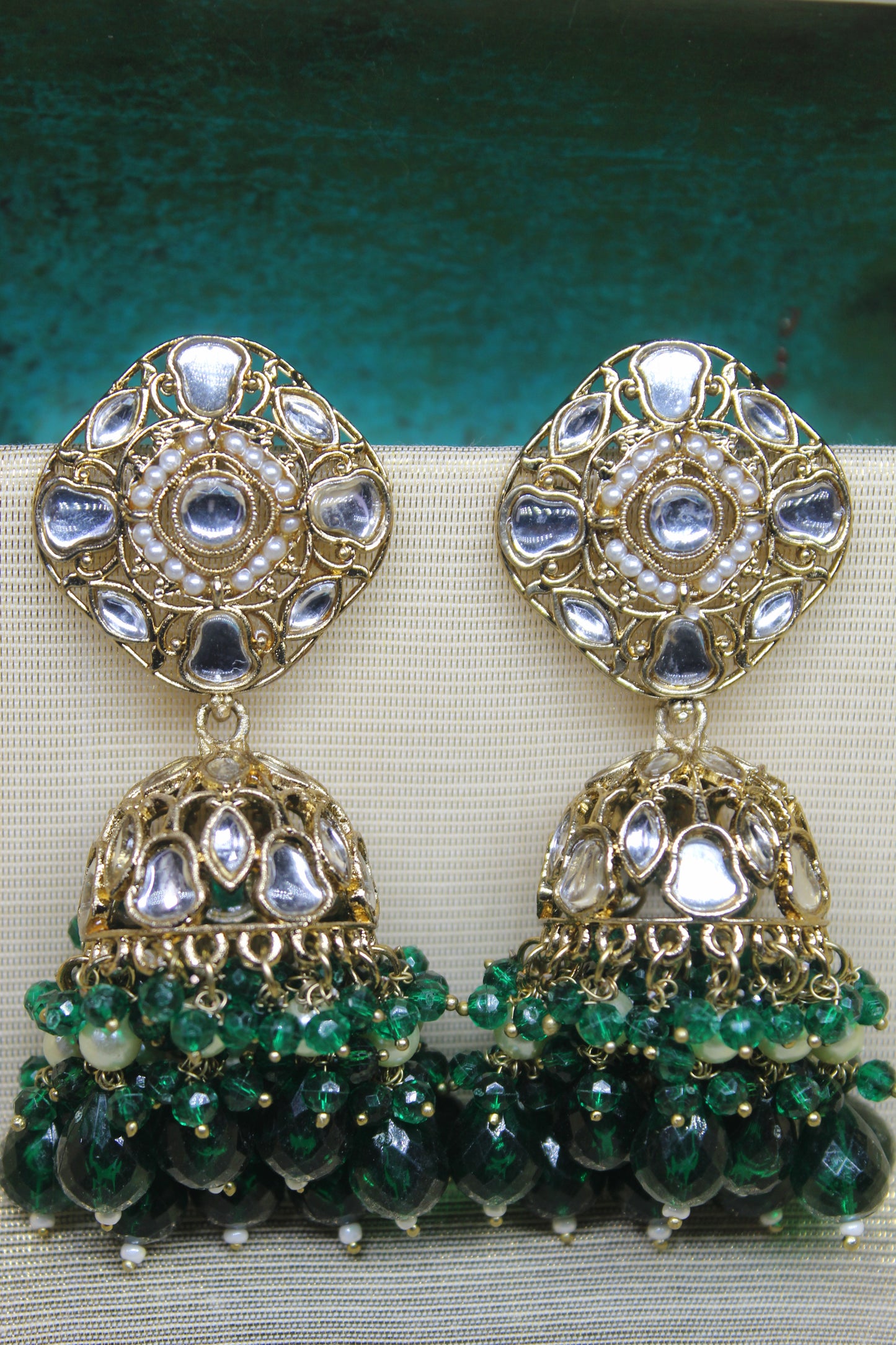 Dark Green Kundan Jhumkas