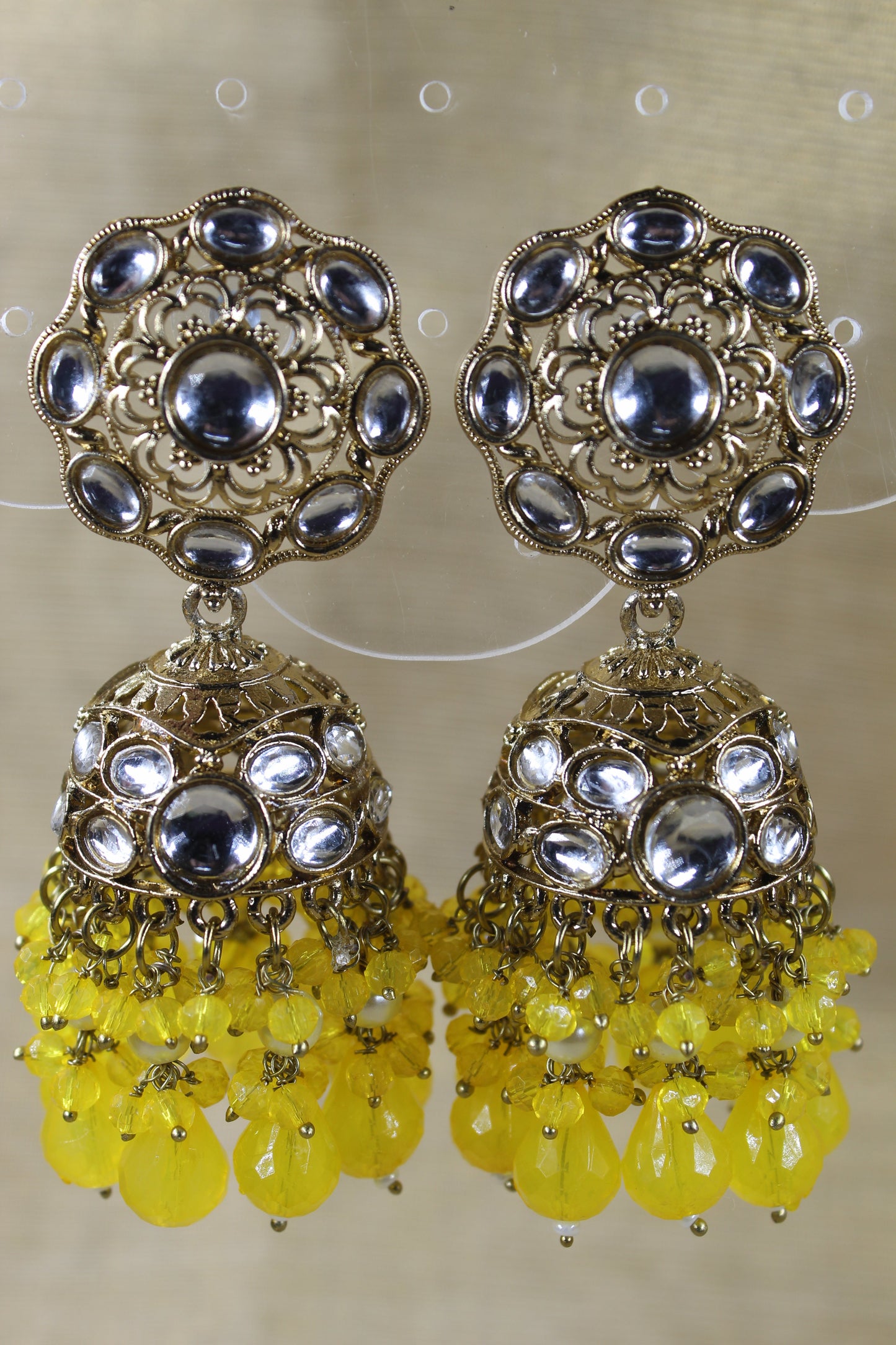 yellow Kundan Jhumkas