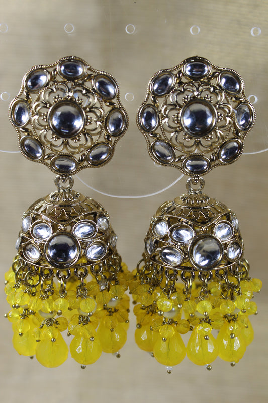 yellow Kundan Jhumkas