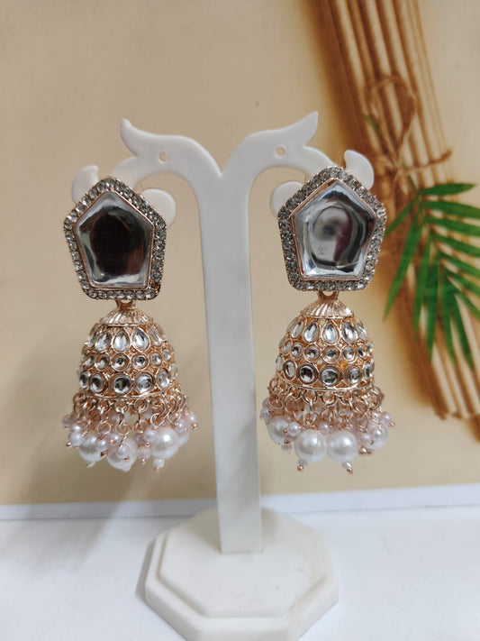 Rose gold white  kundan jhumka