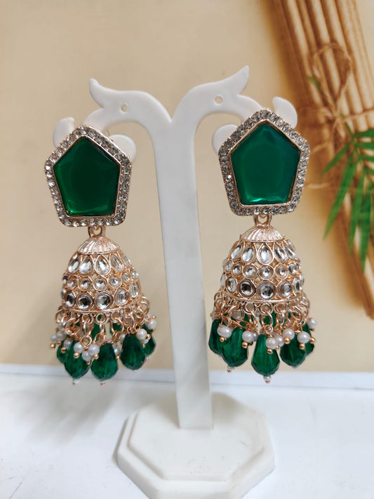 Rose gold green kundan jhumka